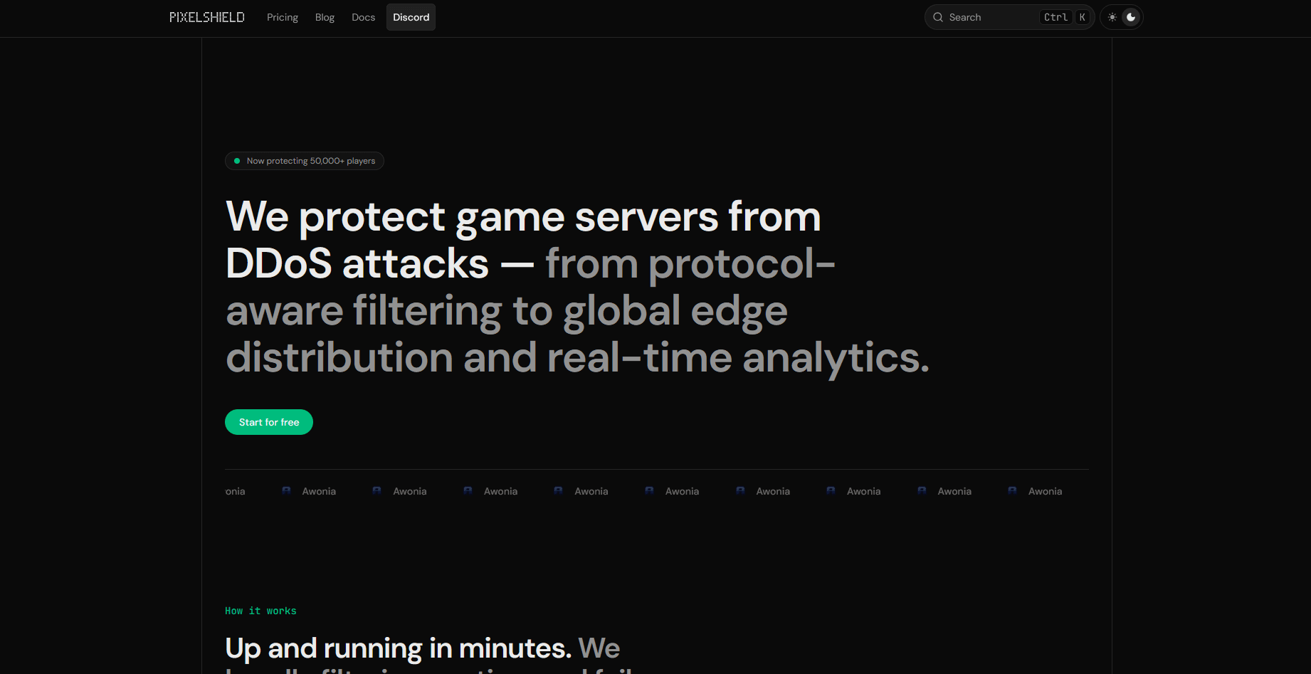 PixelShield landing page screenshot, currently online at pixelshield.net.