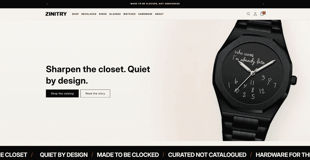 Zinitry storefront screenshot, currently online at zinitry.com.
